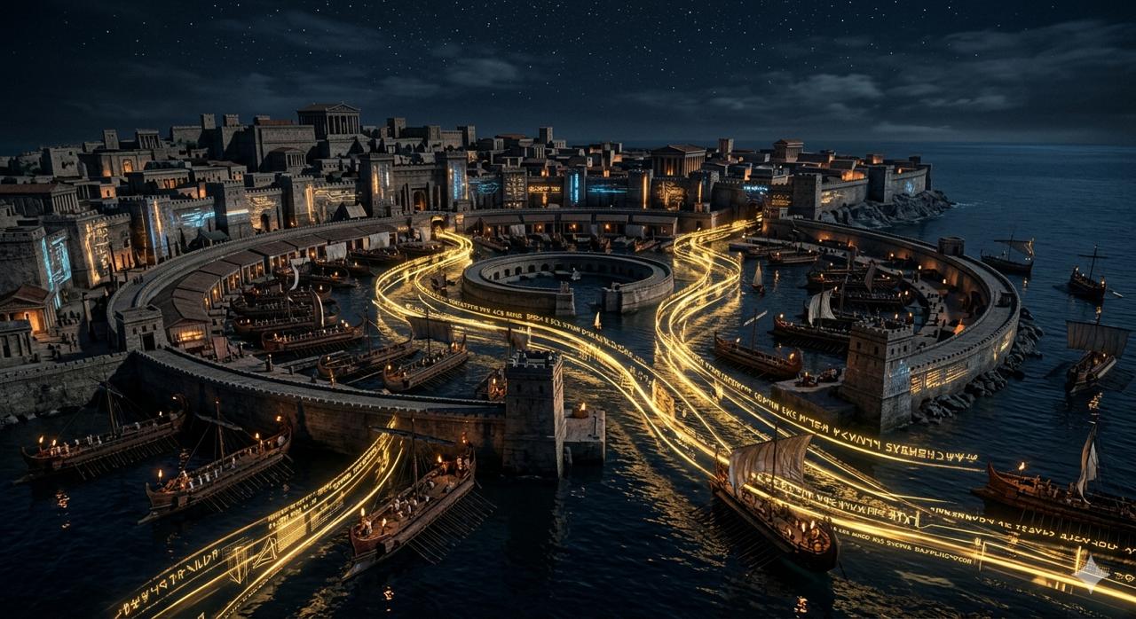 Tyria visualisation — illuminated data flows over a port city